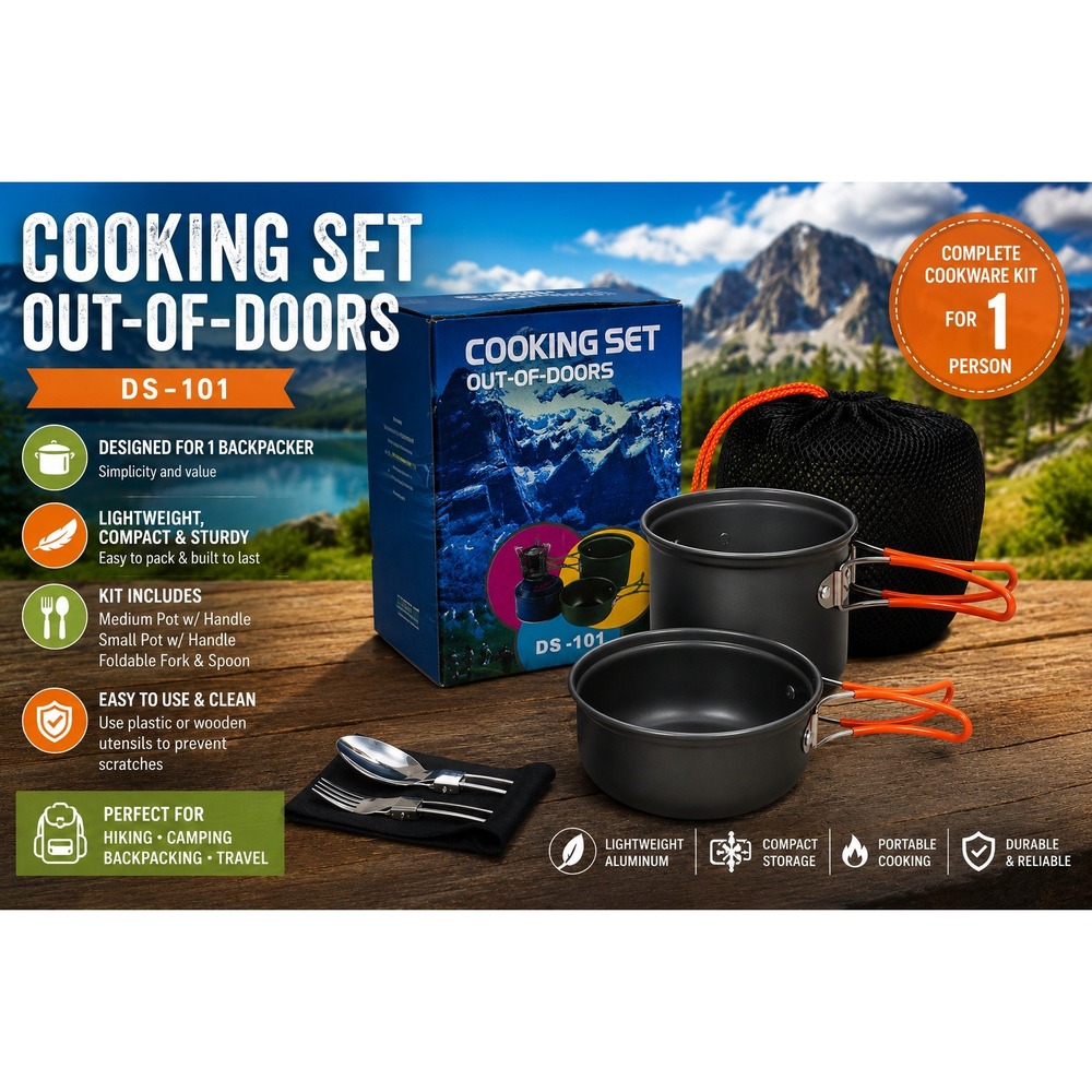 DS-101 Lightweight Solo Backpacking Cooking Set Aluminum Pot Pan Kit Orange